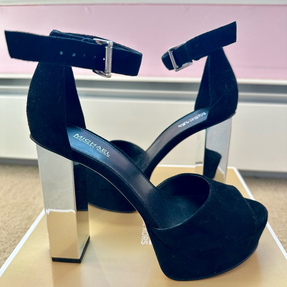 Michael Kors Black Heels with Silver Block - Picture 3 of 9